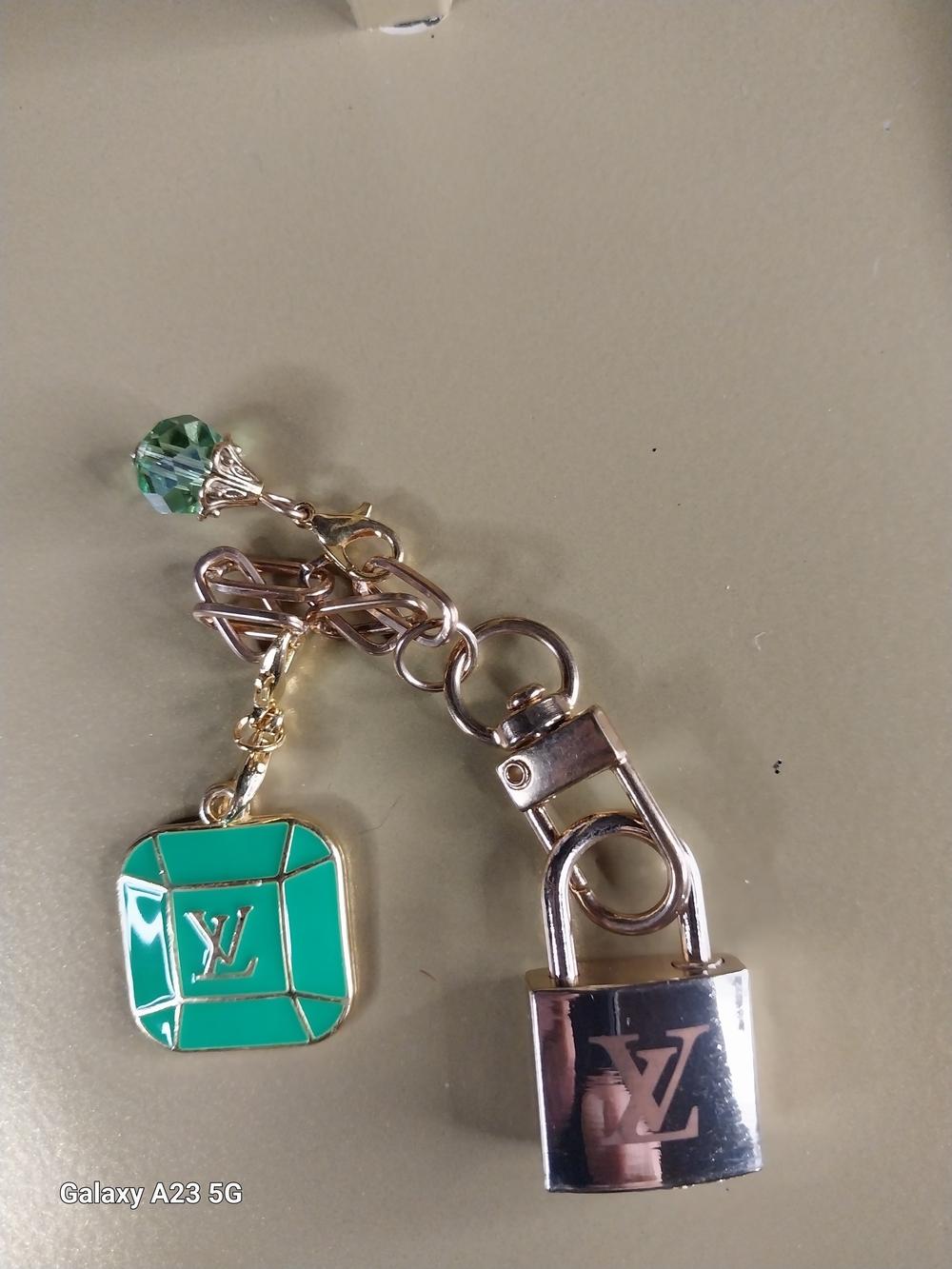 Louis Vuitton Green Enamel Bag Charm/Key Chain with LV Gold-Tone Padlock